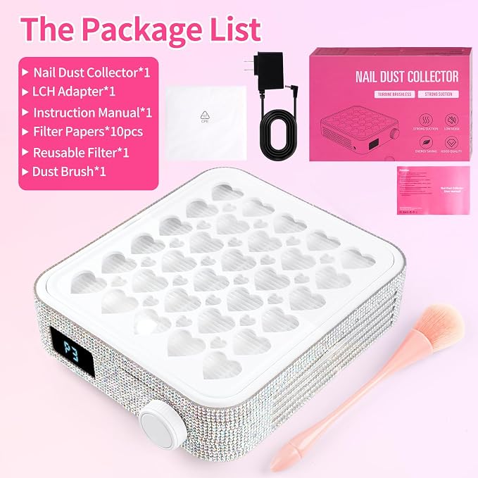 BQAN Portable Nail Dust Collector with 4200RPM Fan White AB Rhinestones | 10pcs Filter Papers Include & Nail Brush | Strong Suction | Adjustable Speed | For Acrylic & Gel | Professional & Home Use