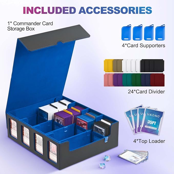 UAONO Trading Card Storage Box with Commander Display; 2400+ Deck Box for MTG with Removable Cover; Top Loaders Card Case fits Magic TCG PTCG Sports Cards; 24 Dividers, 4 Stoppers (Black, Blue)
