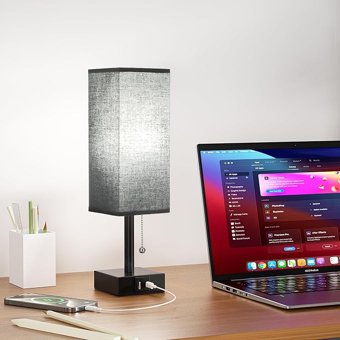 Black Small Table Lamp for Bedroom - 3 Color Temperature 3000K 5000K 4000K Bedside Lamp, Pull Chain Control, USB A and C Charging Ports, Black Base, for Kids Office Dorm Nightstand, Bulb Included | Pull Chain Lamp, 3 Color Modes(3000K/4000K/5000K), E26...