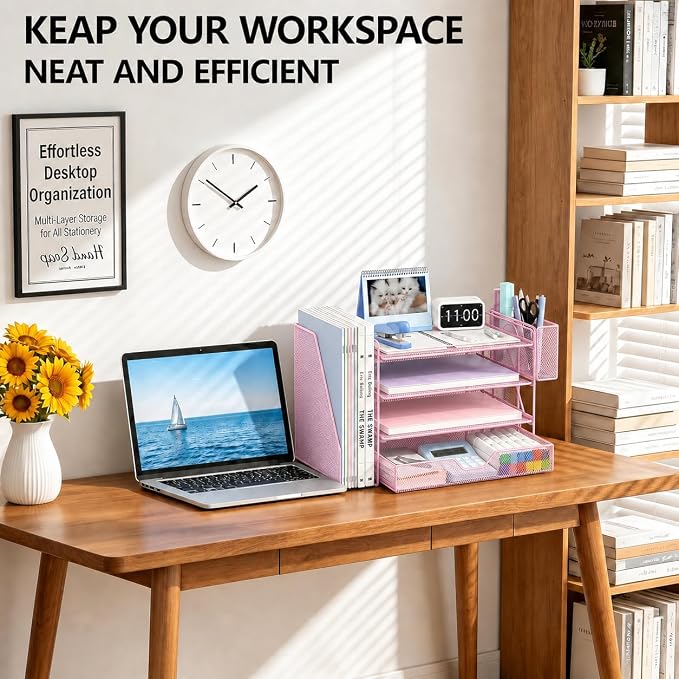 Desk Organizers and Accessories, 4-Tier Desktop File Organizer with Drawer and Pen Holders, Office Desk Accessories Workspace Organizers for Office Supplies (Soft Pink)