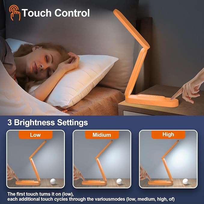 Giryuhd LED Desk Lamp for Office Home & Battery Operated Lamp Rechargeable Lamp Foldable & Portable Light, LED Desk Light Strip, 3 Brightness Dimmable Small Desk Lamp Reading Lamp (Orange)
