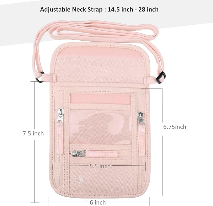 WALNEW Passport Holder Neck Pouch Travel Wallet for Women and Men, RFID Blocking Security Slim Traveling Wallet with Around Neck Lanyard Strap, Pink | Around Neck Lanyard Strap, Travel Safety Anti Theft Bag, Neck Wallet for Traveling Women