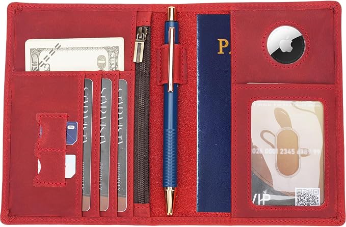 STAR VISTA Phoenix Leather Passport Holder, Full Grain Leather Travel Wallet - Slim, Bifold, RFID Blocking, ID Window, Coin Pocket, Card Slots, SIM Slots, AirTag Holder, Red