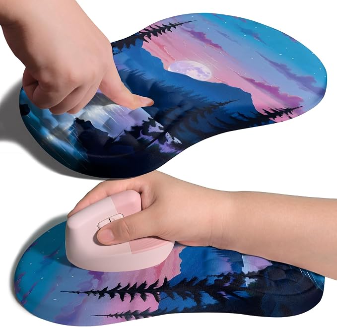Ergonomic Joint Wrist Support Mouse Pad with Memory Foam Cushion Massage Bump, Carpal Tunnel Pain Relief Mousepad Slope Design for Wrist Rest, 11.8x7.9 in, Moon Down