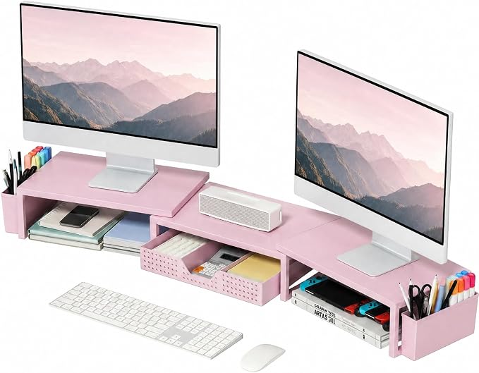 Desk Organizers and Accessories, Dual Monitor Stand Riser with Drawer and 2 Pen Holders, Desk Shelf Computer Racks for Office Workspace Organizers, Desktop Organization (Pink)