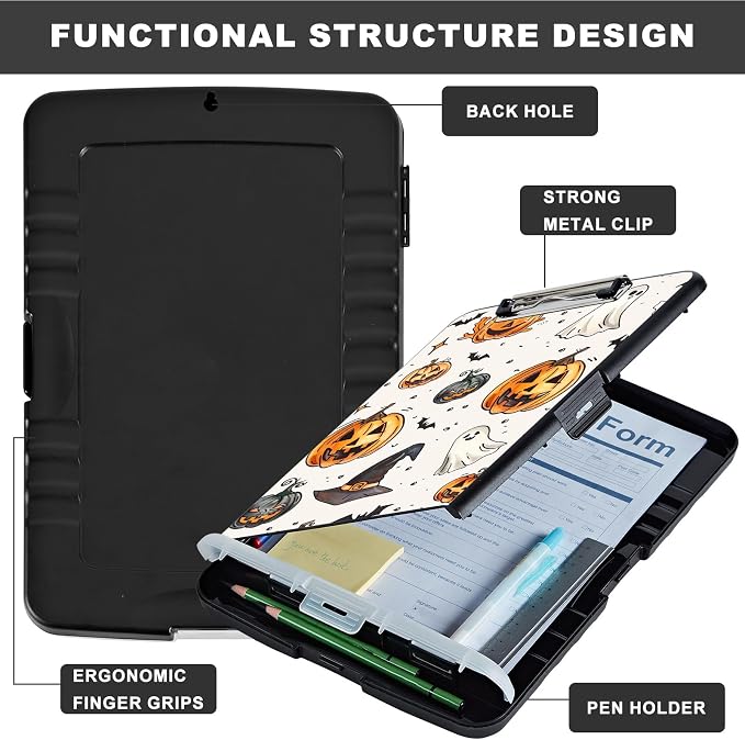 Clipboard with Storage,Storage Clipboard with Pen Holder,Heavy Duty Plastic Storage Clipboard with Low Profile Clip,Teacher Must Haves,Clipboard Folder,Office Supplies,Pumpkin -1361