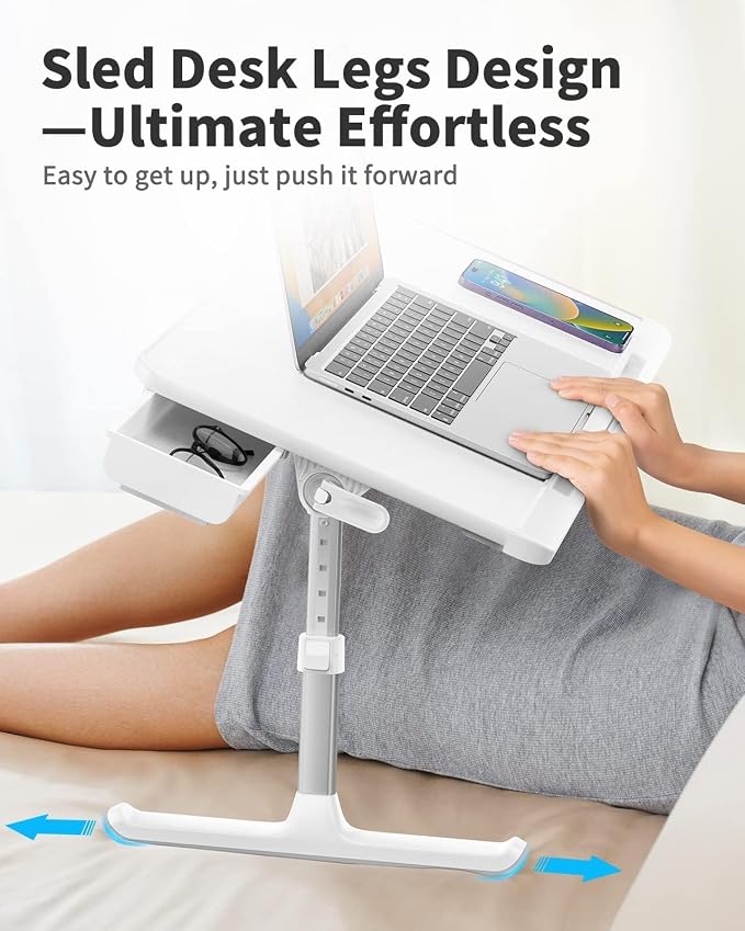 SAIJI Laptop Bed Tray Table, Adjustable PVC Leather Laptop Bed Table, Portable Standing Desk with Storage Drawer, Foldable Lap Tablet Table for Sofa Couch Floor (Large,White) | Fits 17" Laptop, Work From Home & Dorm Study, with Storage Drawer & PVC Lea...