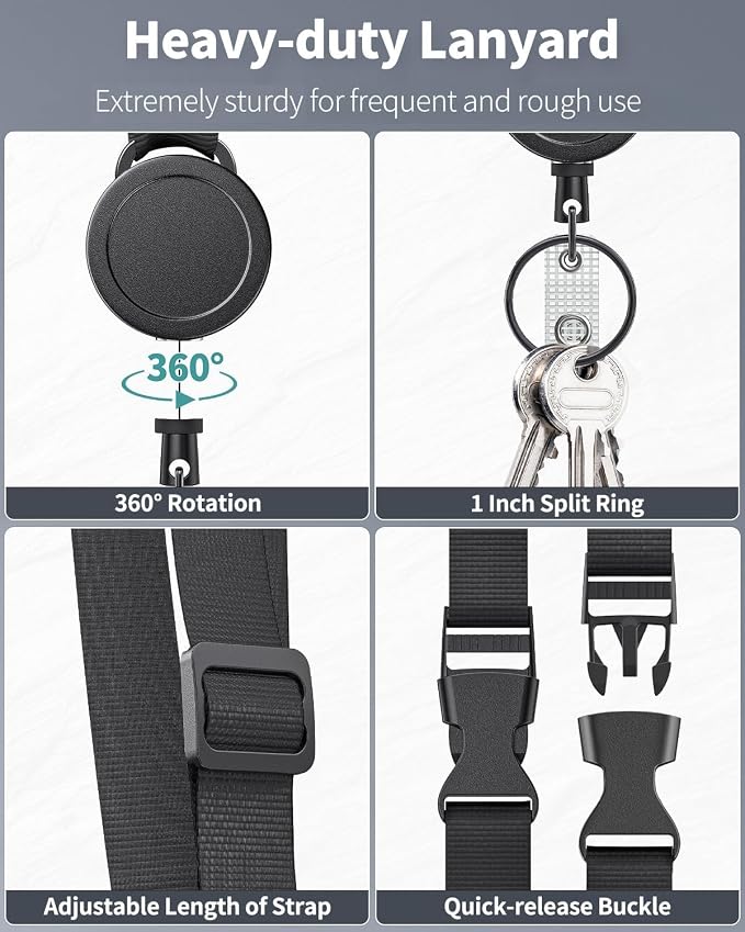 Uniclife Retractable Adjustable Lanyard Heavy Duty Neck Lanyard with Retractable Badge Reel Quick-Release Buckle and Adjustable Length Strong Wide Nylon Strap with Sliding ID Badge Holder