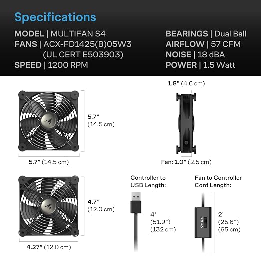 AC Infinity MULTIFAN S4, Quiet 140mm USB Fan, UL-Certified for Receiver DVR PlayStation Xbox Computer Cabinet Cooling