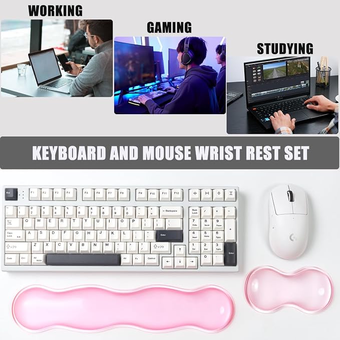 Ergonomic Gel Keyboard and Mouse Wrist Rest Set – 60%/68%/75% Keyboard Wrist Pad, Comfort & Support for Typing and Gaming (Light Pink)