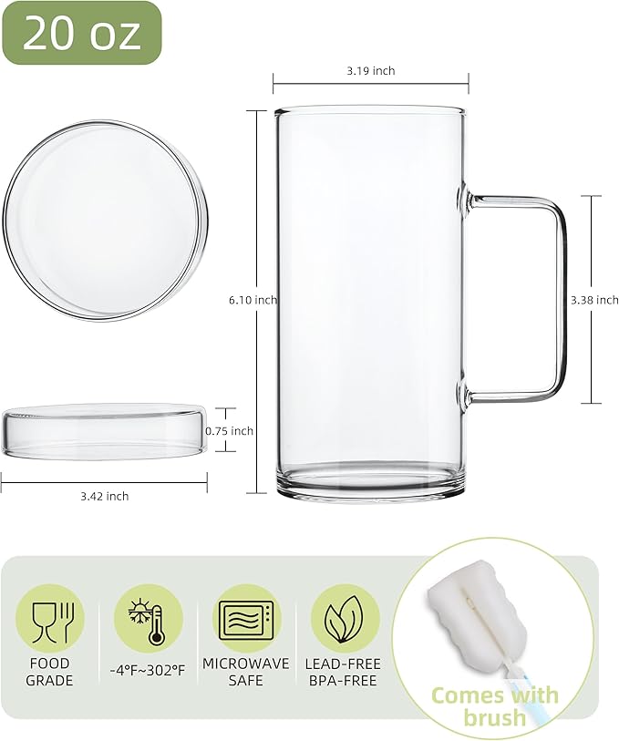 FLFK 20 oz Glass Coffee Mug with Lid - Large Clear Tea Mug, Beer Mug and Big Coffee Mug