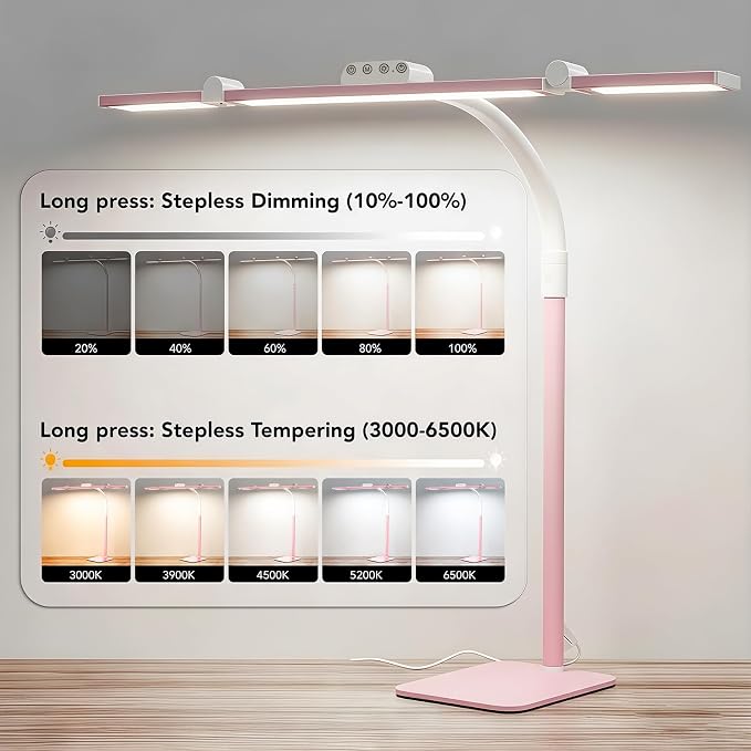 LED Desk Lamp for Home Office with Base, 28.2" Adjustable Gooseneck Swing Arm Bright Desk Light, Dimmable Architect Table Lamp for Desktop Computer Light, Reading, Study, Workbench（Pink）