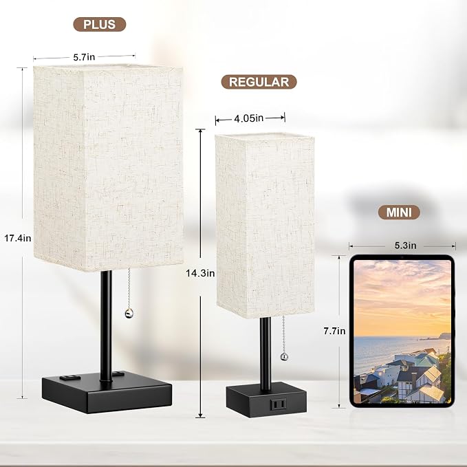Bedside Lamp for Bedroom Set of 2 - Table Lamp for Nightstand | USB A+C Ports, AC Outlet, 3 Color Temperatures, LED Bulb Included, Pull Chain, 17" Rectangular Desk Lamp for Dorm, 2-Pack