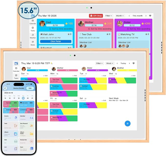 15.6" Digital Wall Calendar No Monthly Fee Family Hub Touchscreen | Multi-calendar Merger Smart Ambient Brightness Large Recipe Library