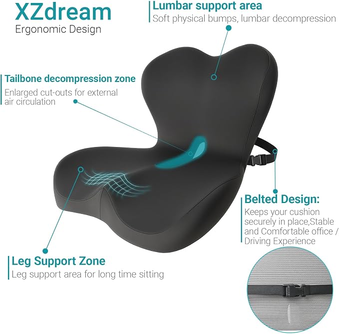 Memory Foam Seat Cushion,Office Chair Cushion with Lumbar Support for Back Pressure Relief, Car Seat Cushion with Adjustable Strap,Sciatica Pad Cushions for Car,Truck, Desk,Gaming Chair