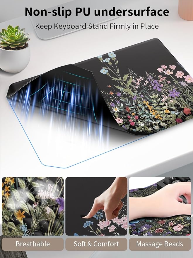 3-in-1 Ergonomic Keyboard Stand with Wrist Rest & Mouse Pad Set, Flower | Comfy Keyboard Riser Holder Soft Mousepad with Massage Design, Memory Foam and Non-Slip PU Base for Pain Relief