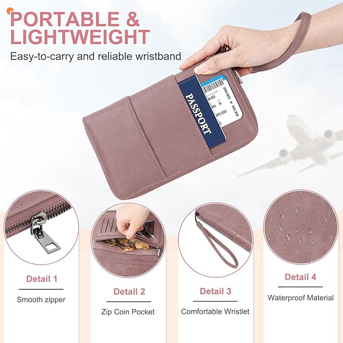 RFID Family Passport Holder Wallet - Travel Document Organizer | PU Leather, with Wristlet, Zipper, Cards, Boarding Pass, ID, Cash, Ticket Pockets,Travel Essentials Gifts for Women Men