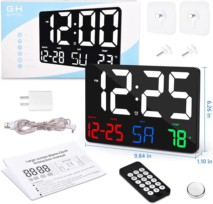 Digital Wall Clock,11.5" LED Digital Alarm Clock Large Display,with Remote Control,Adjustable Brightness, Calendar, Temperature, Snooze, 12/24 H, for Living Room, Office, Bedroom, Elderly, Adults Set