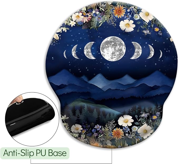 Funny Ergonomic Mouse Pad with Gel Wrist Rest, Moon Mountain | Non-Slip PU Base, Smooth Surface, Cooling Gel Eases Wrist Pain, Ideal for Office/Gaming/Home, 9.8 x 8.6 in, Desk Accessories