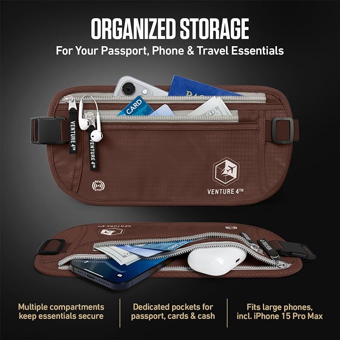 VENTURE 4TH Travel Money Belt, RFID Blocking Passport Holder - Brown