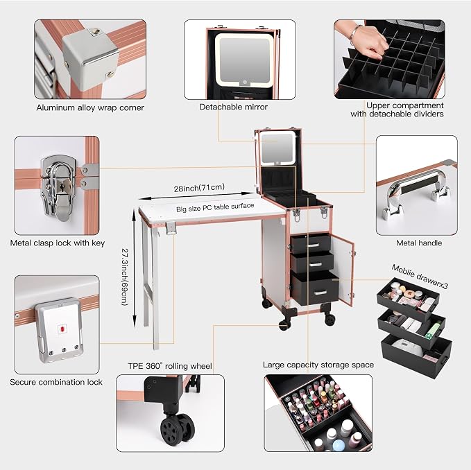 Rolling Portable Manicure Table with 3 Drawers, Lockable Makeup Train Case with Detachable Mirror, Foldable Nail Desk with Wheels & Handle, Mesa de Uñas Profesional para Nail Techs & Salon Use, White
