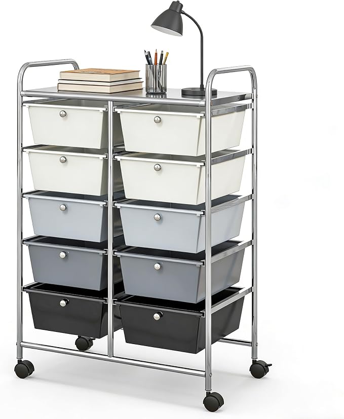 COSTWAY 10 Drawer Rolling Storage Cart, Utility Cart with Lockable Wheels | Mobile Art Supply Craft Organizer with Metal Frame, Multipurpose Drawer Cart for Paper for Office, School, Gray Gradient