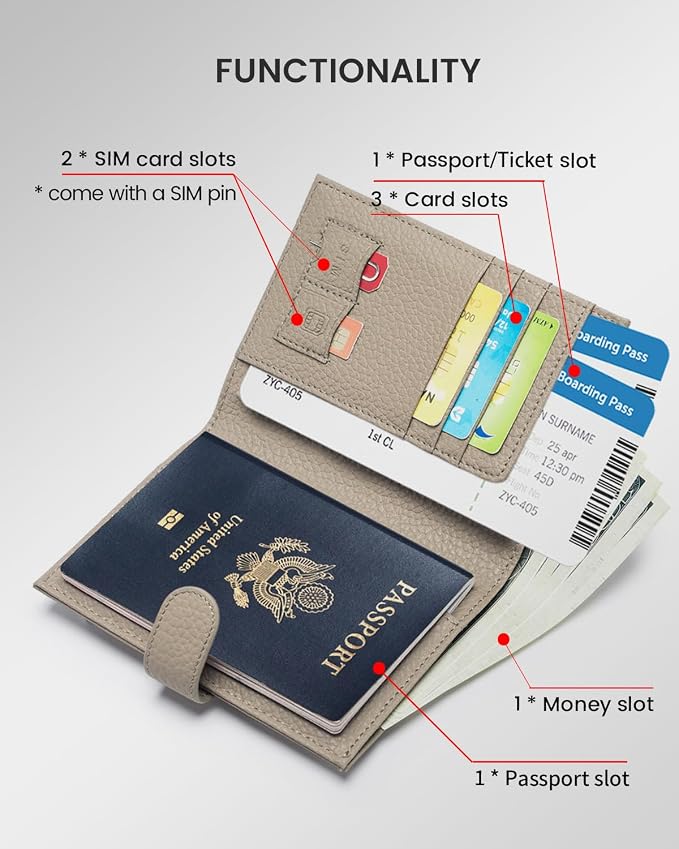 Karmiir RFID Passport Holder Travel Wallet for Women, Leather Passport Cover Wallet with Card Holders SIM Slots,Zippered Coins Pocket and Cash Slot Slim Compact Travel Wallet (Eephant Grey)