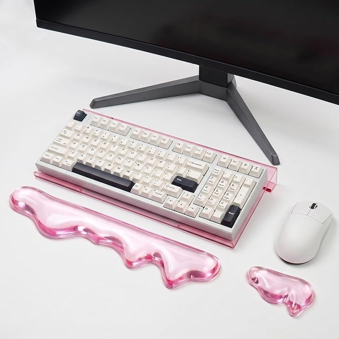 Acrylic Computer Keyboard Stand with Gel Mountain Wrist Rest Keyboard Riser with Comfortable Clear Silicone Mouse Wrist Pad Ergonomic Tilted Transparent Keyboard Holder for Desktop Office Hot Pink