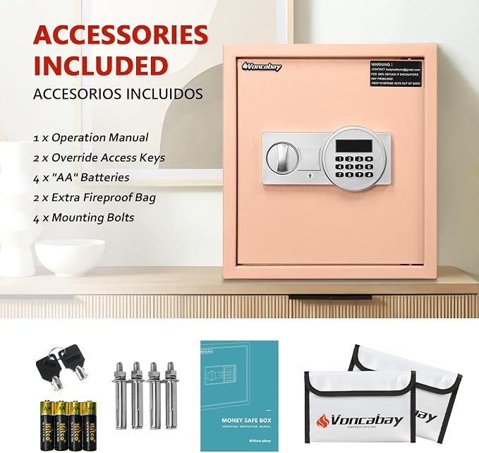Voncabay Money Safe Box for Home with Digital Keypad, 1.5 Cu. Ft., Khaki | Alloy Steel, 2 Fireproof Bags, Digital Keypad with Display, Removable Shelf, Alarm System, 14 x 13 x 13 In.