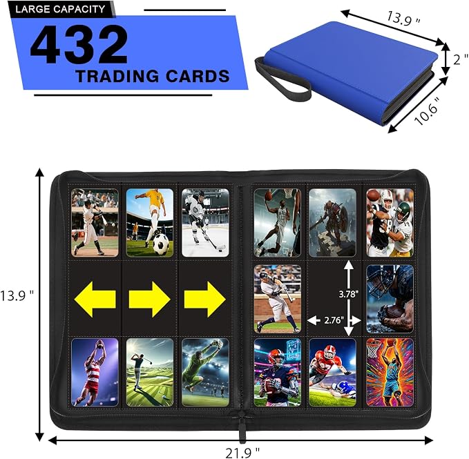 9-Pocket Card Binder - Holds 432 Trading Cards, 24 Side Loading Pages, Premium Zippered Card Album Folder Compatible with Penny Sleeves for Baseball Cards, TCG, and Game Card Storage & Display (Blue)