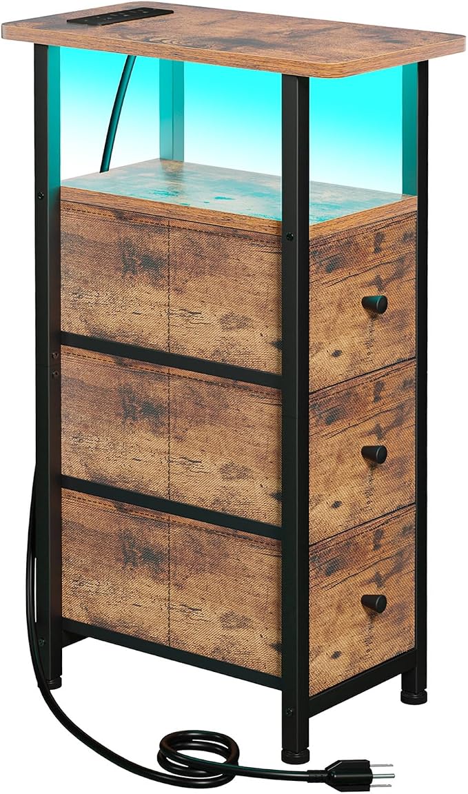 Narrow End Table with Charging Station, Small Nightstand | Skinny Side Tables Living Room with 3 Fabric Drawers, Slim Bedside Table with LED Lights for Bedroom, Small Spaces, Brown
