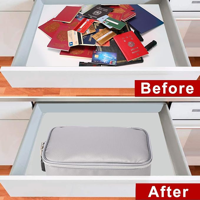 ENGPOW Small Fireproof Storage Organizer Case with Lock, 9”x 5.3”x 3.7” | Money Safe Wallet Carrying Bag with Multi-Pocket,Portable Home Travel for Cash,Card,Passport,Coin,Check,Bill,Soft Box,Silver