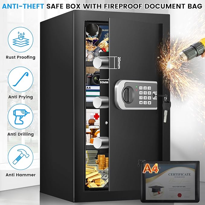 [23.6" Tall]Large Home Safe, 𝟒.𝟔 𝐂𝐮𝐟𝐭 Safe Box with Fireproof Waterproof Bag, Security Safes for Home with Programmable Keypad Keys, Smart Alert, Mute Mode, Anti-theft Digital Safe fo Valuables