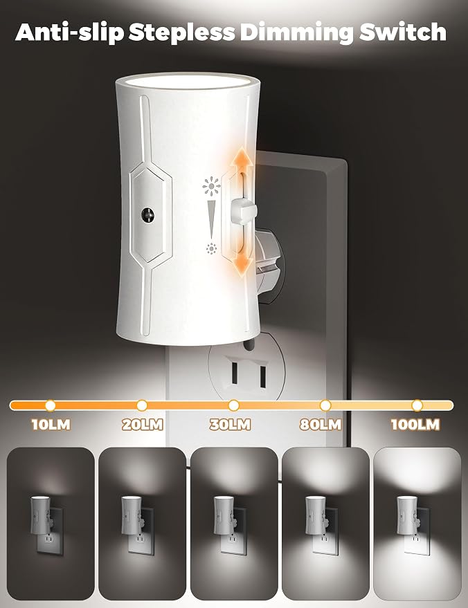 fesnne Night Light, LED Night Lights Plug into Wall, [2 Pack] White 0-100LM Adjustable Brightness Light Sensor Plug in Night Light for Hallway, Bathroom,Adult