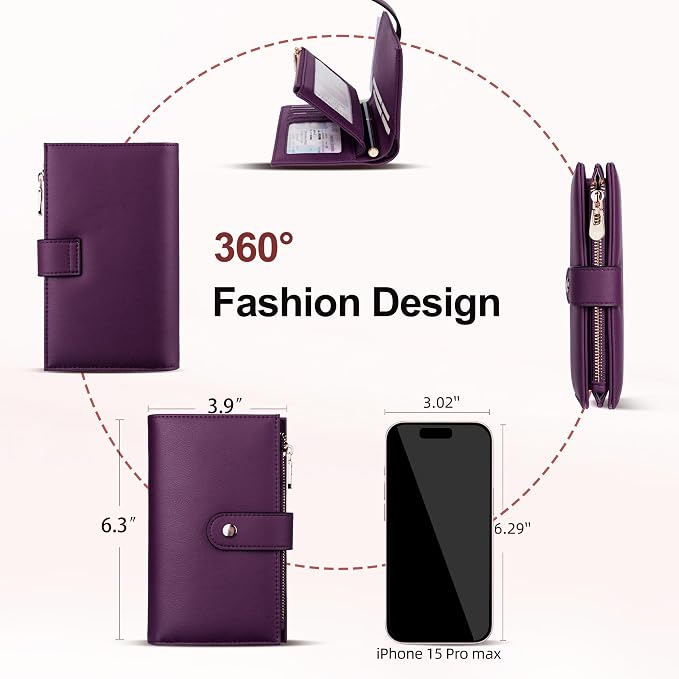 Womens Wallet RFID Blocking Vegan Leather Trifold Clutch Credit Card Holder Ladies Travel Wallet Purse with Passport/Pen Holder