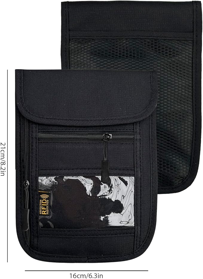 RFID Blocking Travel Neck Wallet Pouch and Passport Holder, Travel Neck Pouch Passport Holder for Women & Men - Black