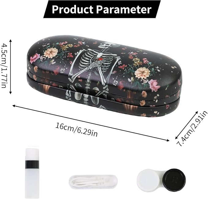 2 in 1 Contact Lens Case and Eyeglasses Case for Women Men Kids, Double Sided Hard Shell Portable Glasses Travel Holder with Built-in Mirror, Contact Lens Box Storage Kit (Black Skull)