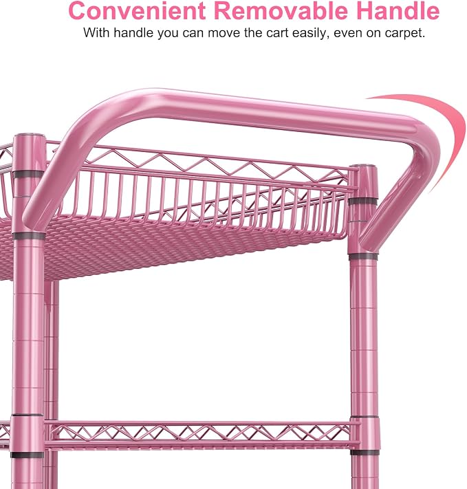 Pink Rolling Utility Cart with Wheels, 990Lbs Heavy Duty Metal Cart with Handle & Shelf Liners, NSF Certified 3-Tier Storage Trolley for Esthetician, Kitchen, Salon & Craft Room, Pink