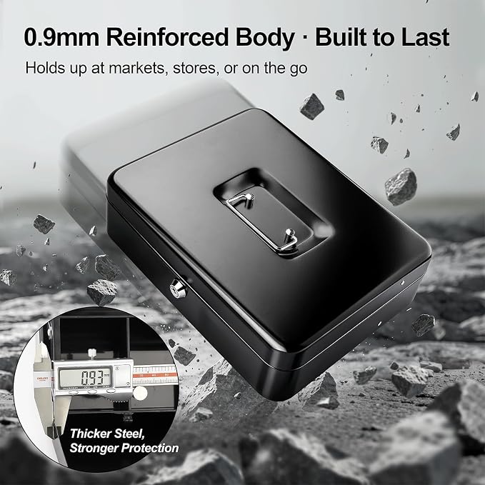 Jssmst Cash Box with Key Lock - 0.9mm Thick Metal Money Box for Garage Sales, Yard Sales and Petty Cash, Portable Cash Drawer with Coin Tray & Spill-Proof Foam Coin Cover, 4 No-Pinch Bill Clips,11.8''