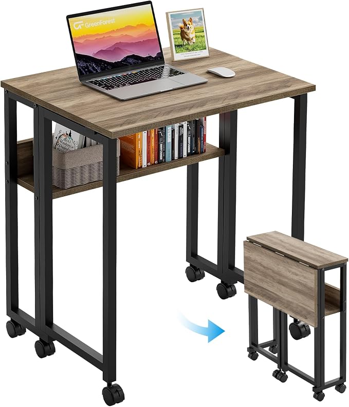 GreenForest Folding Desk with Wheels, 31.5" Rolling Table for Small Spaces | Storage Shelf, Lockable Casters, Compact Portable Workstation, Space-Saving Foldable Sofa Table, Home Office, Mobile, Grey