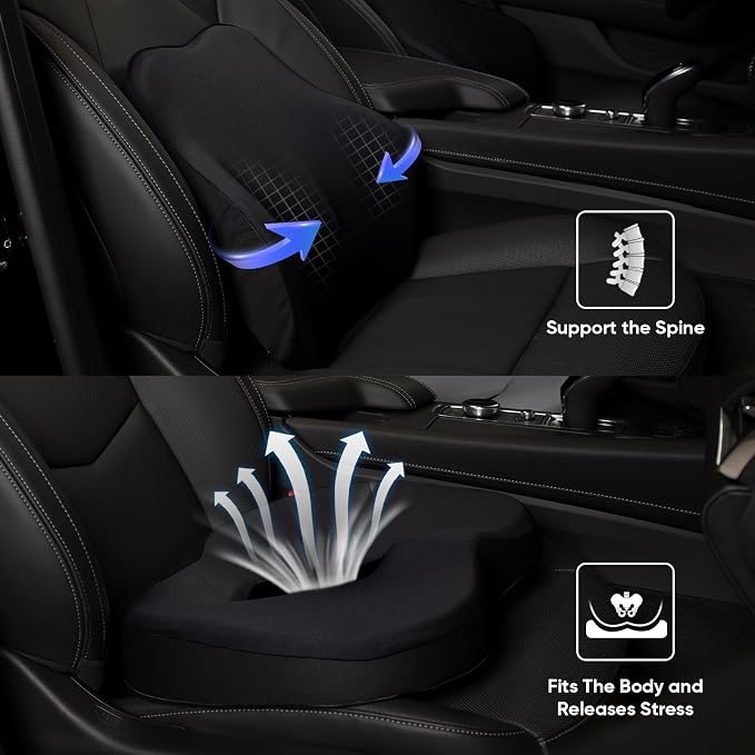 MINUPWELL Truck Seat Cushion, 3PC Non-Integrated 100% Memory Foam Seat Cushion for car with Lumbar Support Pillow, Semi Truck car Accessories, Car Cushion for Long Driving, Office Chair, Tailbone
