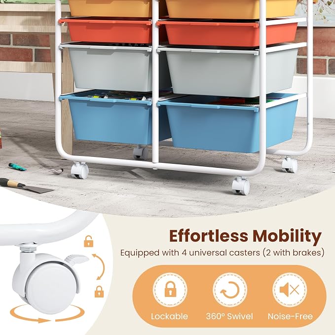 Giantex Rolling Storage Cart with 10 Drawers, Utility Cart w/Wooden Tabletop, Handle, Lockable Wheels, Multipurpose Organizer for Art Craft Scrapbooks Paper, Drawer Carts for School Office, Macaron