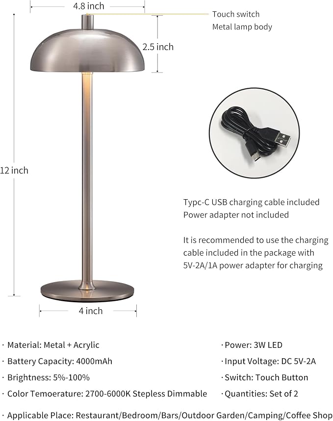 12" Cordless Table Lamps Set of 2, Nickel Modern Portable Desk Lamp | LED, 3 Color Dimming, Rechargeable, Battery Operated Lights for Bedroom, Outdoor, Restaurant, Bedside, Night Light, Gifts