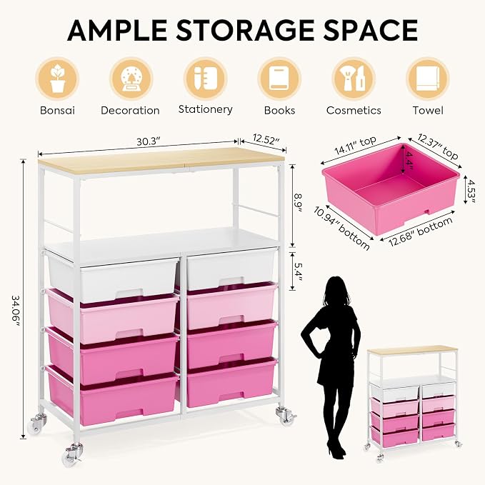 Rolling Storage Cart with 8 Large Drawers, Wooden Tabletop | Open Storage Shelves, Mobile Craft Organizer with Lockable Wheels for Home, Classroom, Office Supplies & Art Studio,Pink