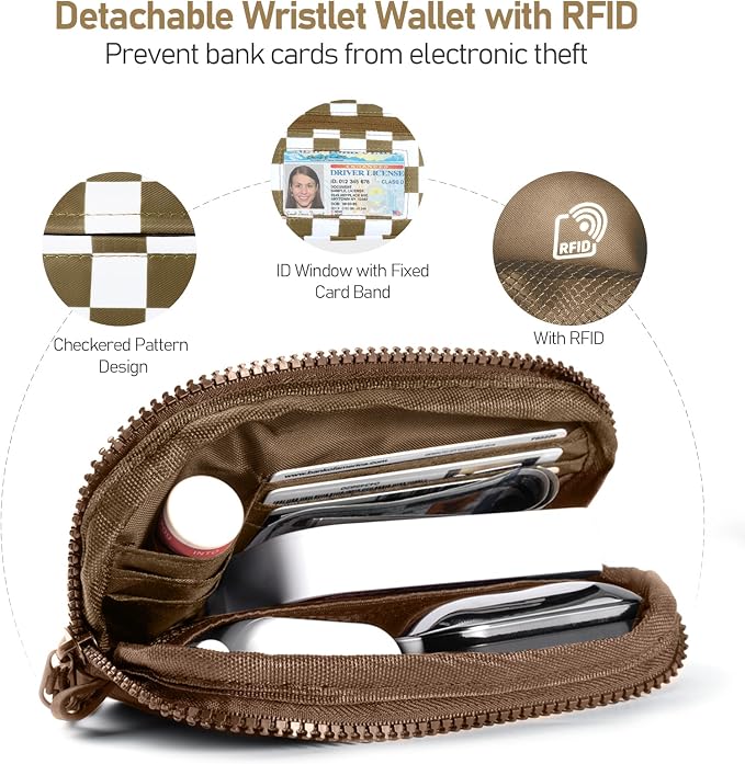 Tiostep Clip and Go Strap for Phone with Wallet Crossbody Phone Lanyard Adjustable and Detachable RFID Wristlet Wallet (Camel Checkered, Medium)