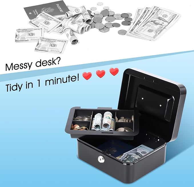 KYODOLED Metal Cash Box with Key Lock & Money Tray - Secure Safe for Home, Office & Events, Ideal for Cash, Meds & Small Items, 7.87" x 6.30" x 3.35", Black, 4 Pack