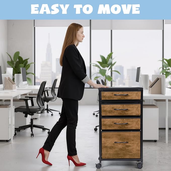 4 Drawer Rolling File Cabinet Mobile Printer Stand Metal Cart with Fabric Vertical Filing Chest Wheels A4 Letter Size Under Desk Utility Craft Storage Organizer for Home Office School(Brown)