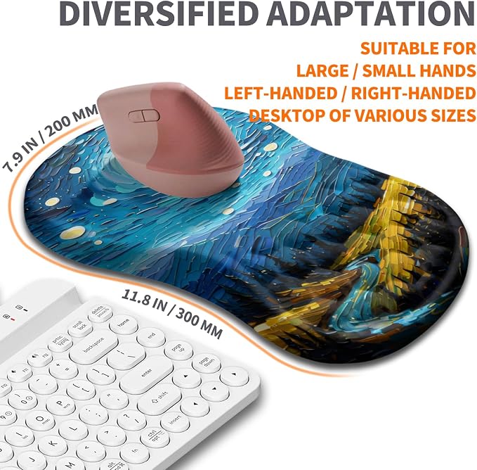 Ergonomic Joint Wrist Support Mouse Pad with Memory Foam Cushion Massage Bump, Carpal Tunnel Pain Relief Mousepad Slope Design for Wrist Rest, 11.8x7.9 in, Starry Night