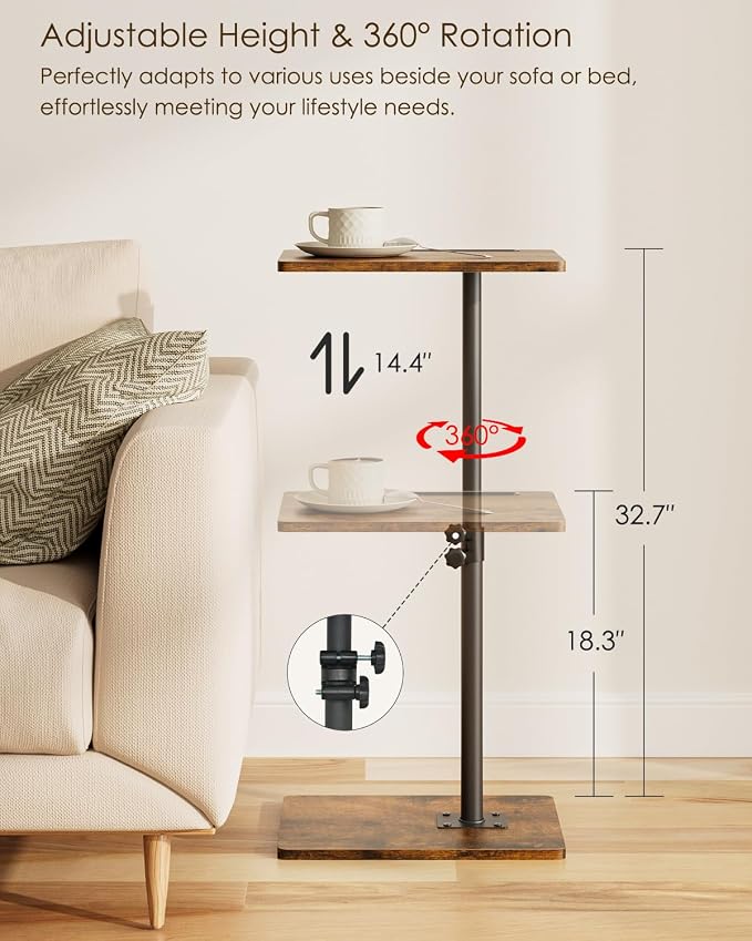 Masupu Sofa Arm Tray Table - 360° Swivel Height Adjustable End Table, Small Snack Side Table for Couch, C Shaped Table for Bed, Chair or TV Tray Table(Rustic Brown)