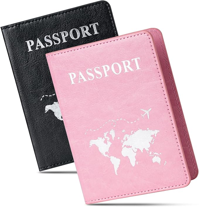 2 Pcs Passport Holders，Ultra Slim Passport Wallet for Travel Essentials | PU Leather Passport Cover for Women and Men (Black & Pink)